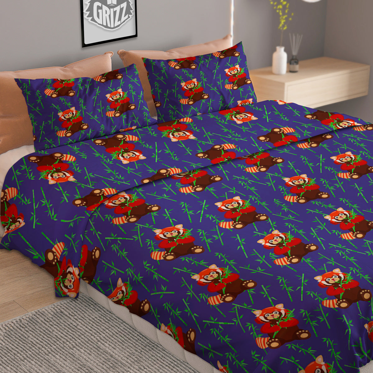 Cute Red Raccoon And Bamboo Print Pattern Duvet Cover Bedding Set