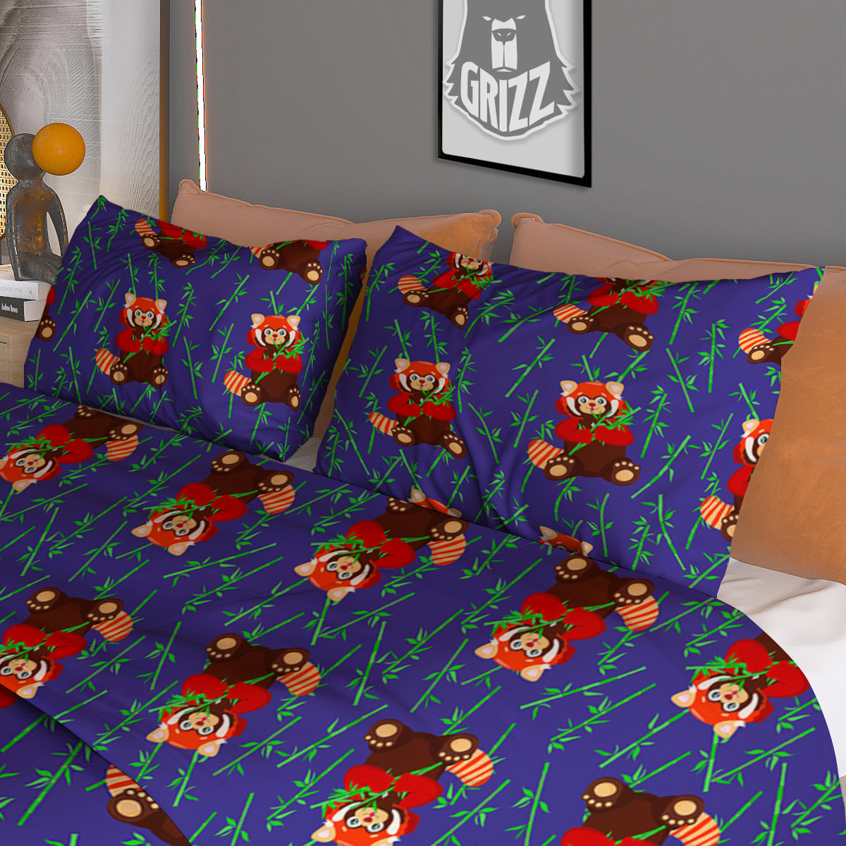 Cute Red Raccoon And Bamboo Print Pattern Duvet Cover Bedding Set