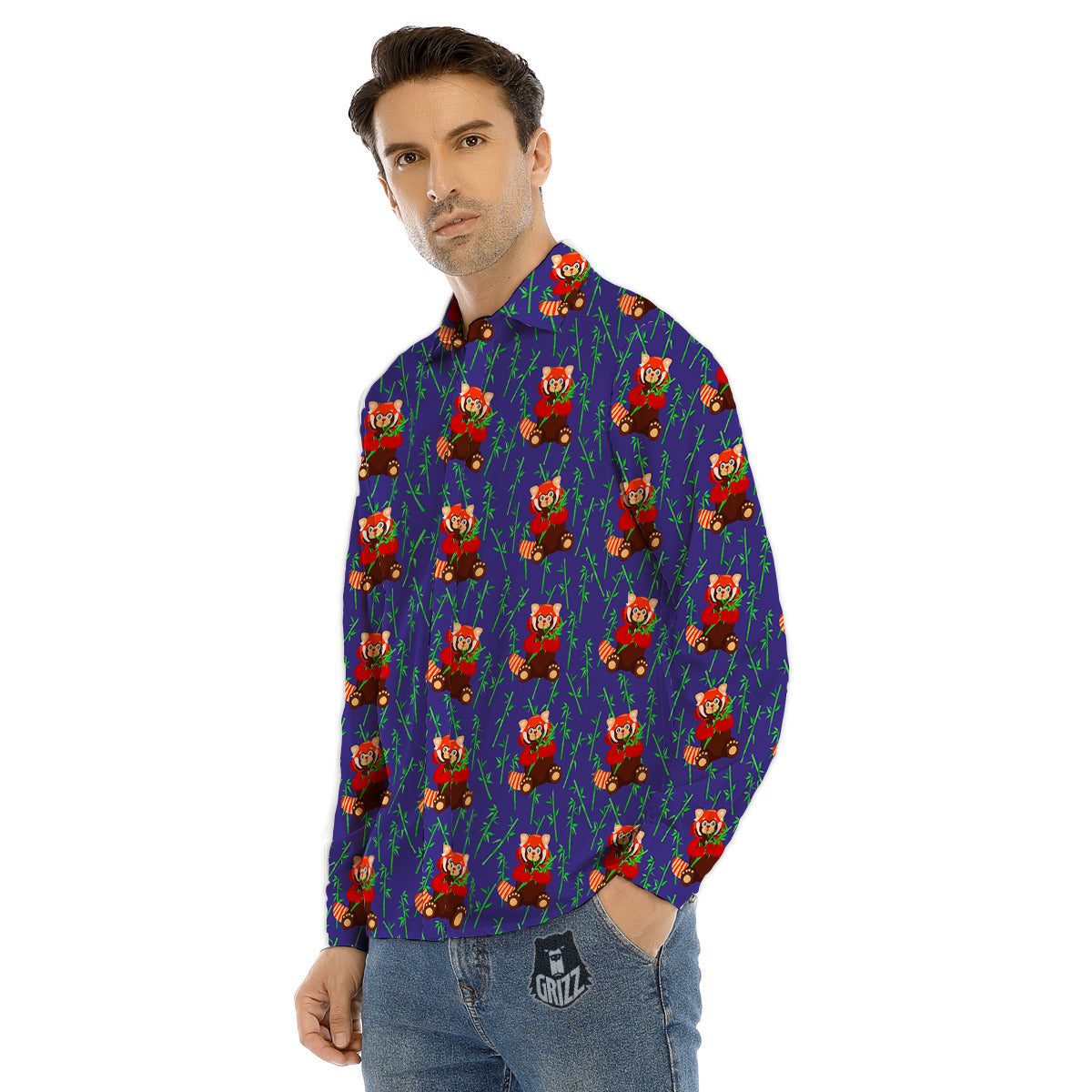 Cute Red Raccoon And Bamboo Print Pattern Men's Dress Shirts-grizzshop