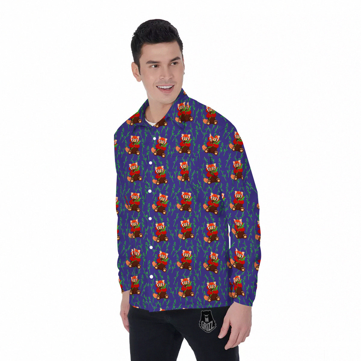 Cute Red Raccoon And Bamboo Print Pattern Men's Long Sleeve Shirts-grizzshop