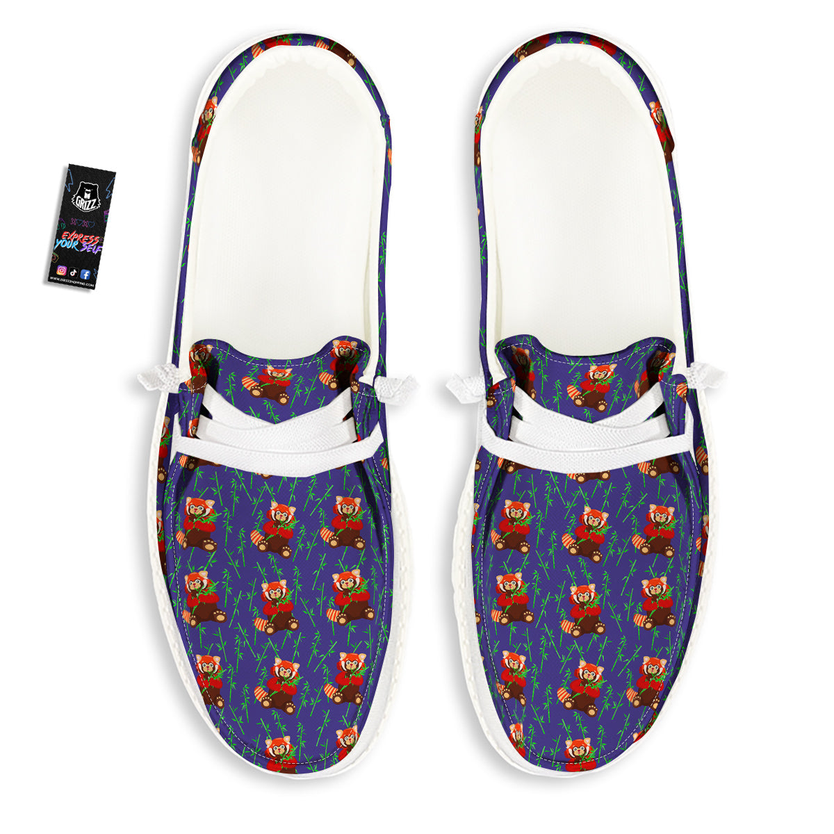 Cute Red Raccoon And Bamboo Print Pattern White Loafers-grizzshop