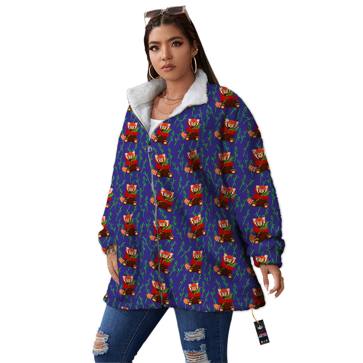 Cute Red Raccoon And Bamboo Print Pattern Women's Sherpa Jacket-grizzshop