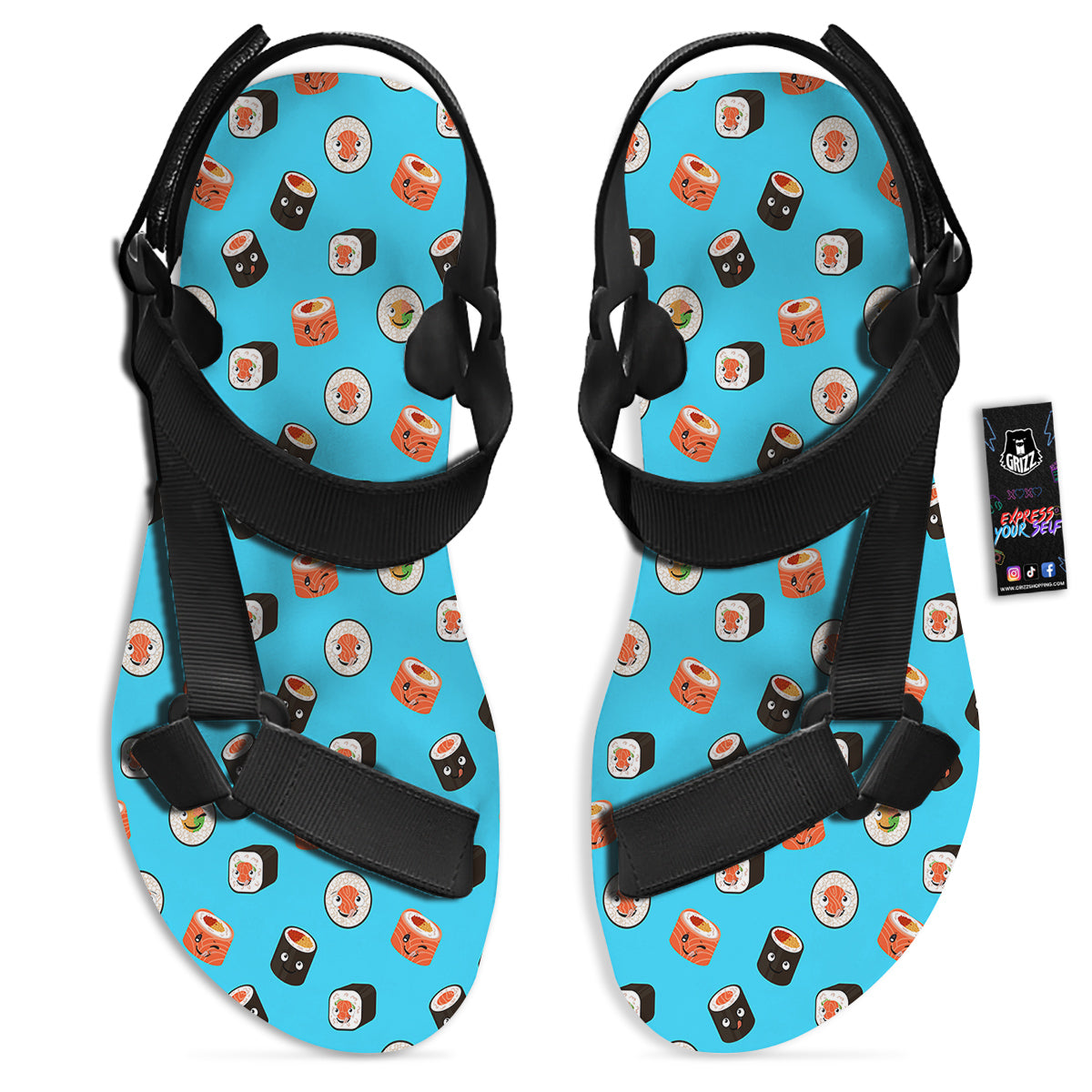 Cute Sushi Rolls Print Pattern Black Open Toe Sandals-grizzshop