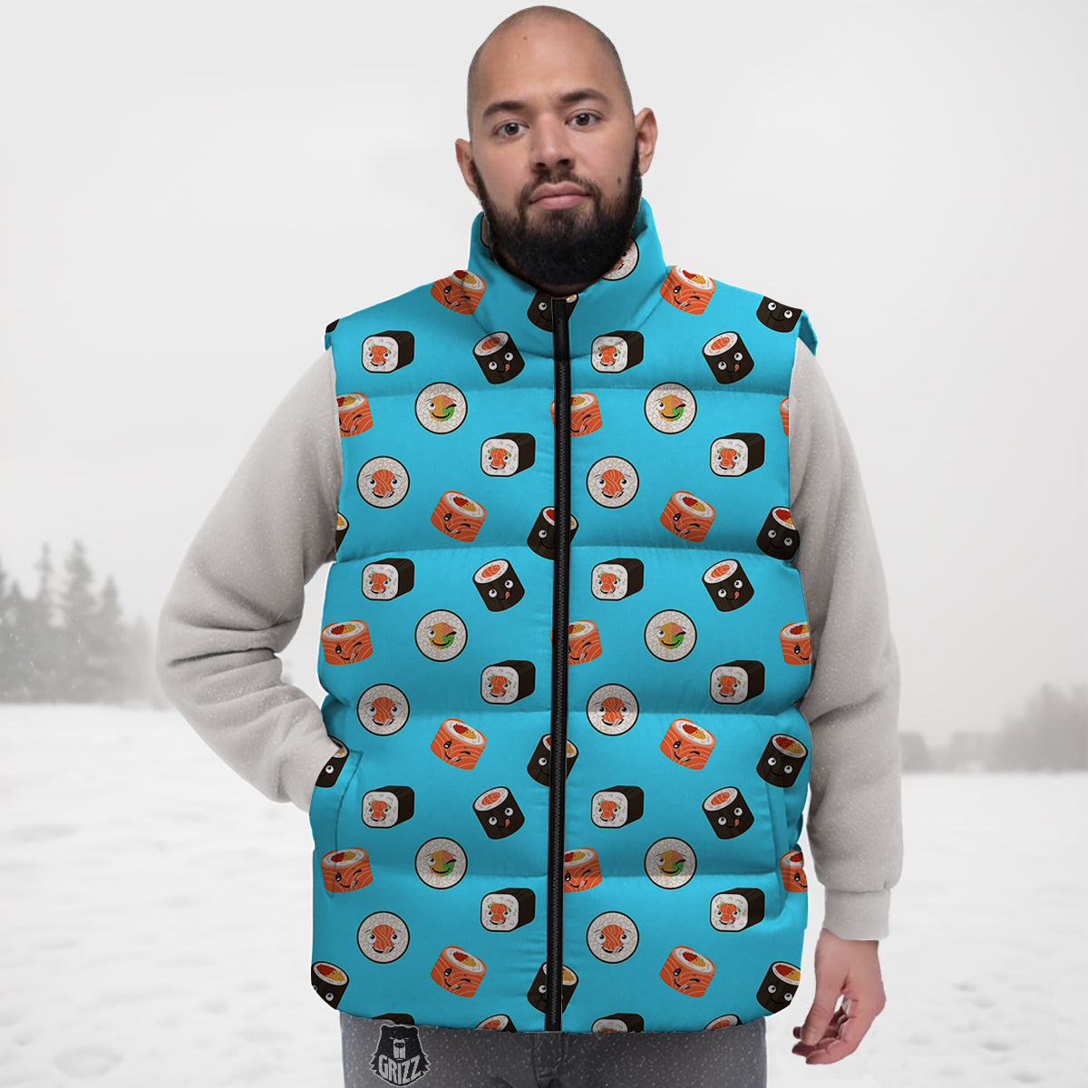 Cute Sushi Rolls Print Pattern Down Vest-grizzshop