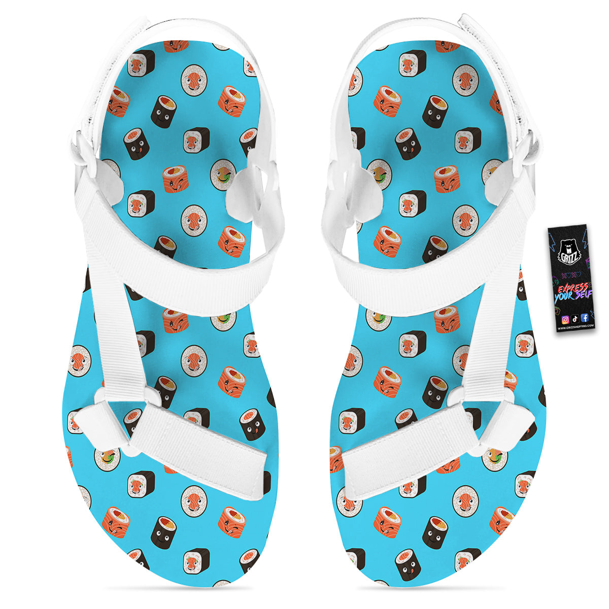 Cute Sushi Rolls Print Pattern White Open Toe Sandals-grizzshop