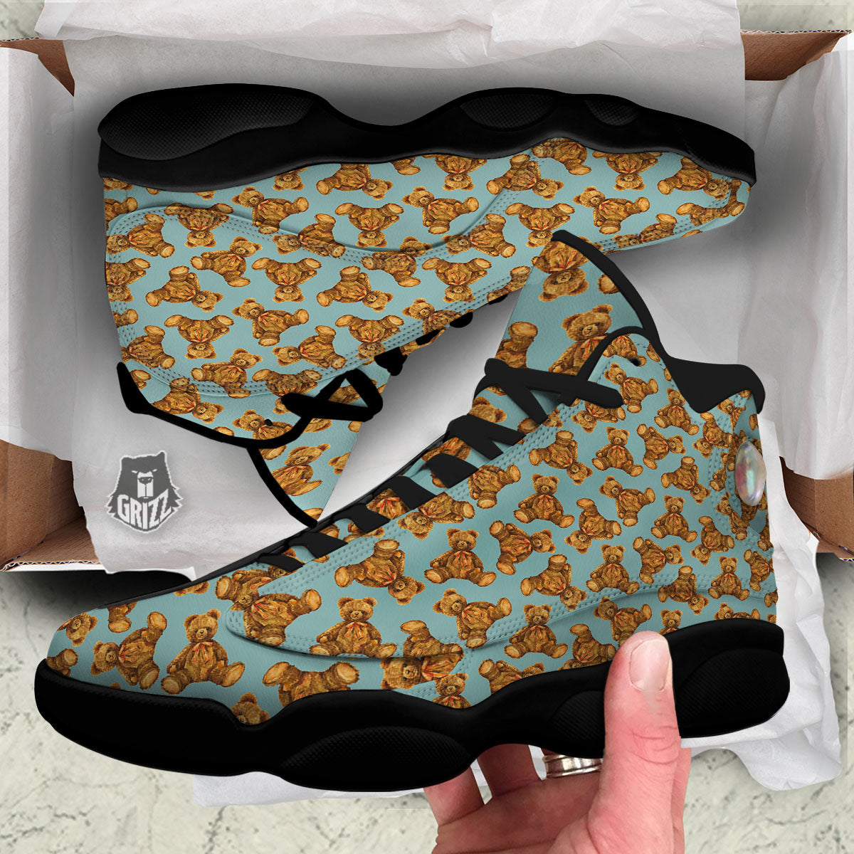 Cute Teddy Bear Print Pattern Black Basketball Shoes-grizzshop