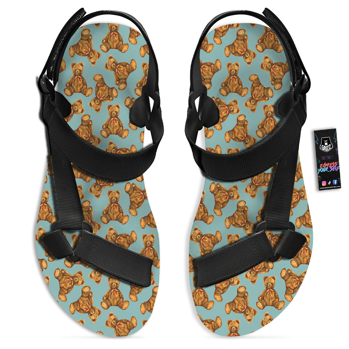 Cute Teddy Bear Print Pattern Black Open Toe Sandals-grizzshop