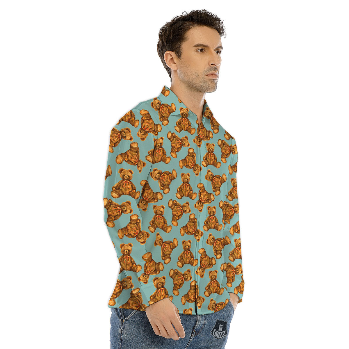 Cute Teddy Bear Print Pattern Men's Dress Shirts-grizzshop