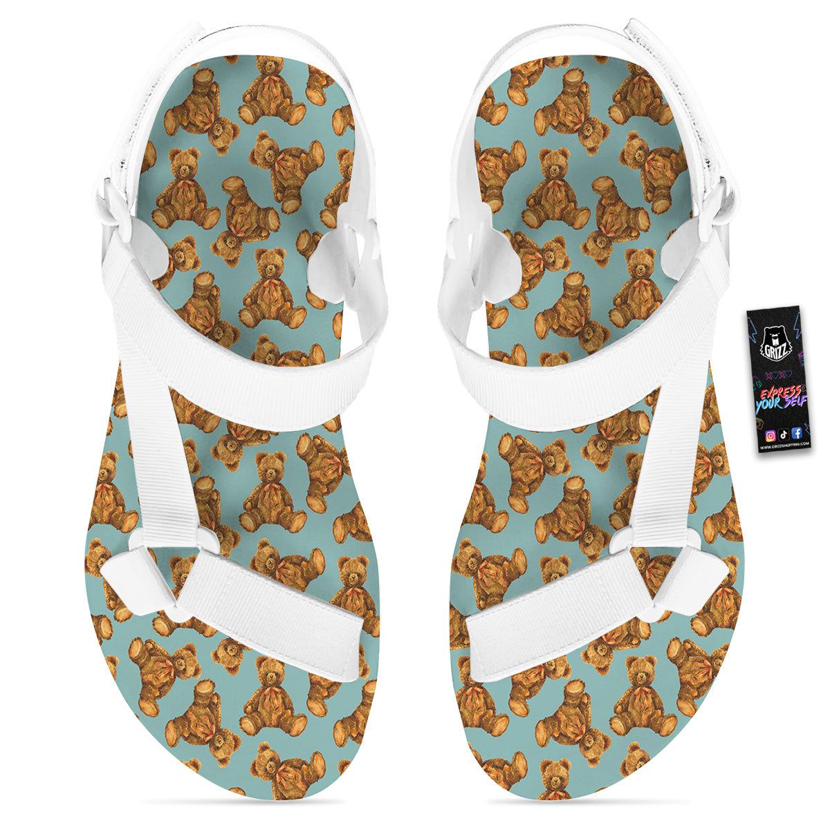 Cute Teddy Bear Print Pattern White Open Toe Sandals-grizzshop