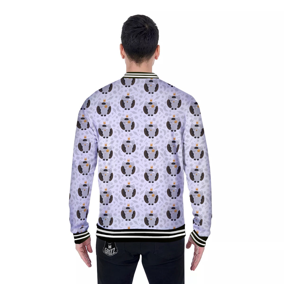 Cute White Grey Owl Print Pattern Baseball Jacket-grizzshop