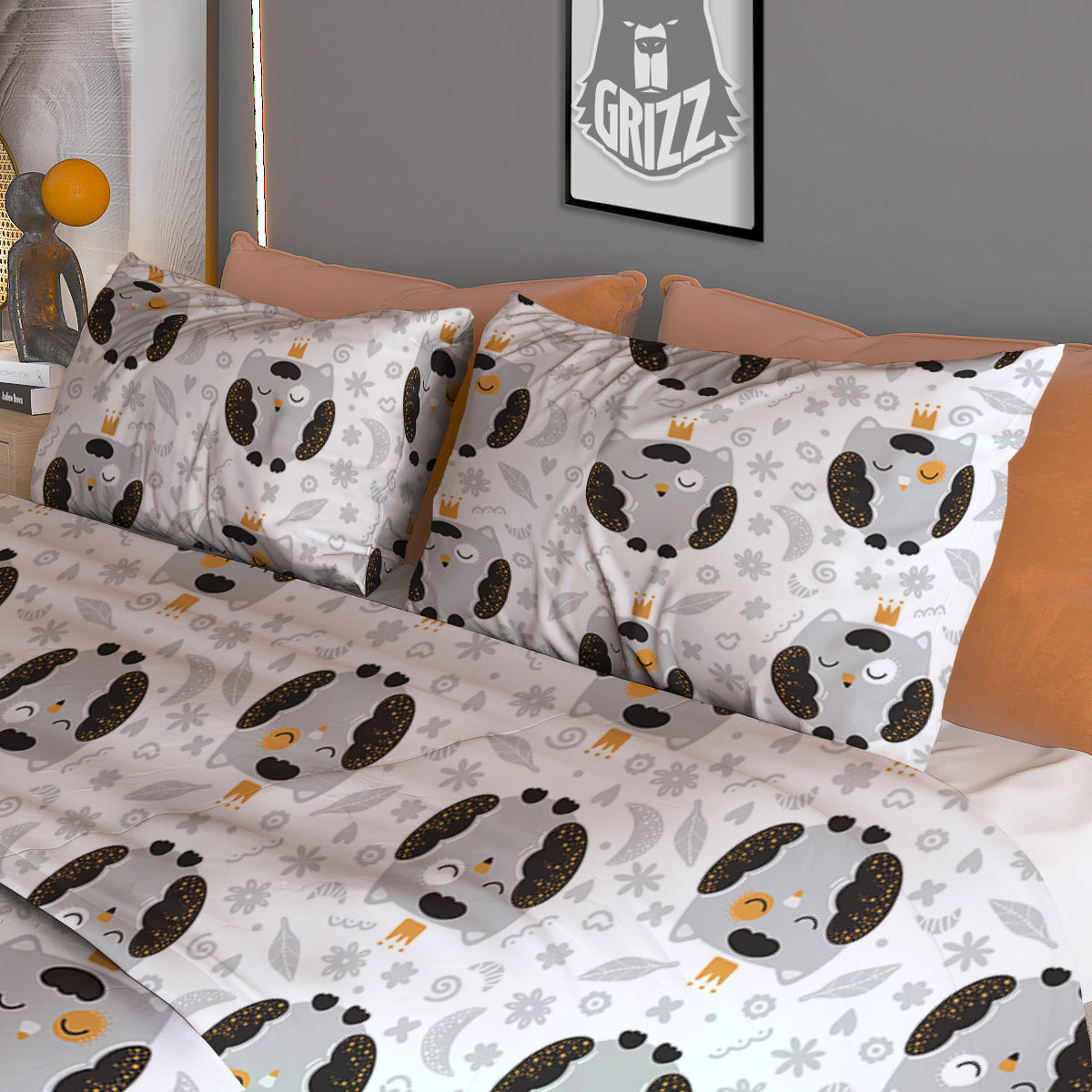 Cute White Grey Owl Print Pattern Duvet Cover Bedding Set