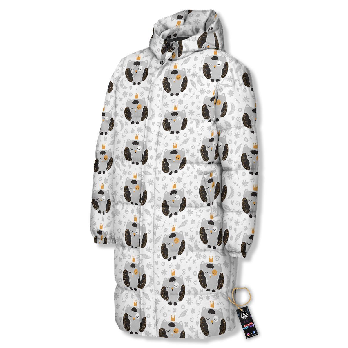 Cute White Grey Owl Print Pattern Long Down Jacket-grizzshop