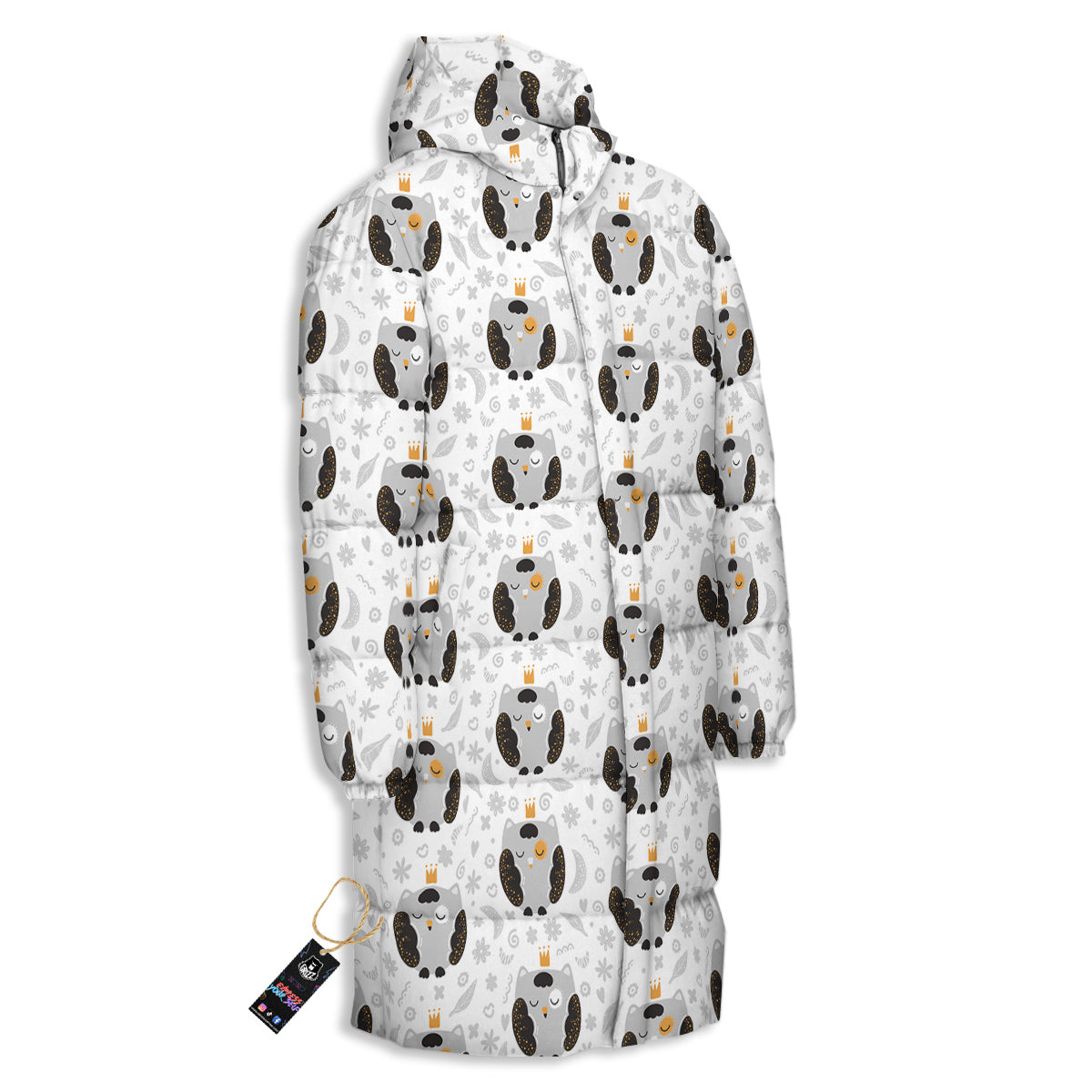 Cute White Grey Owl Print Pattern Long Down Jacket-grizzshop