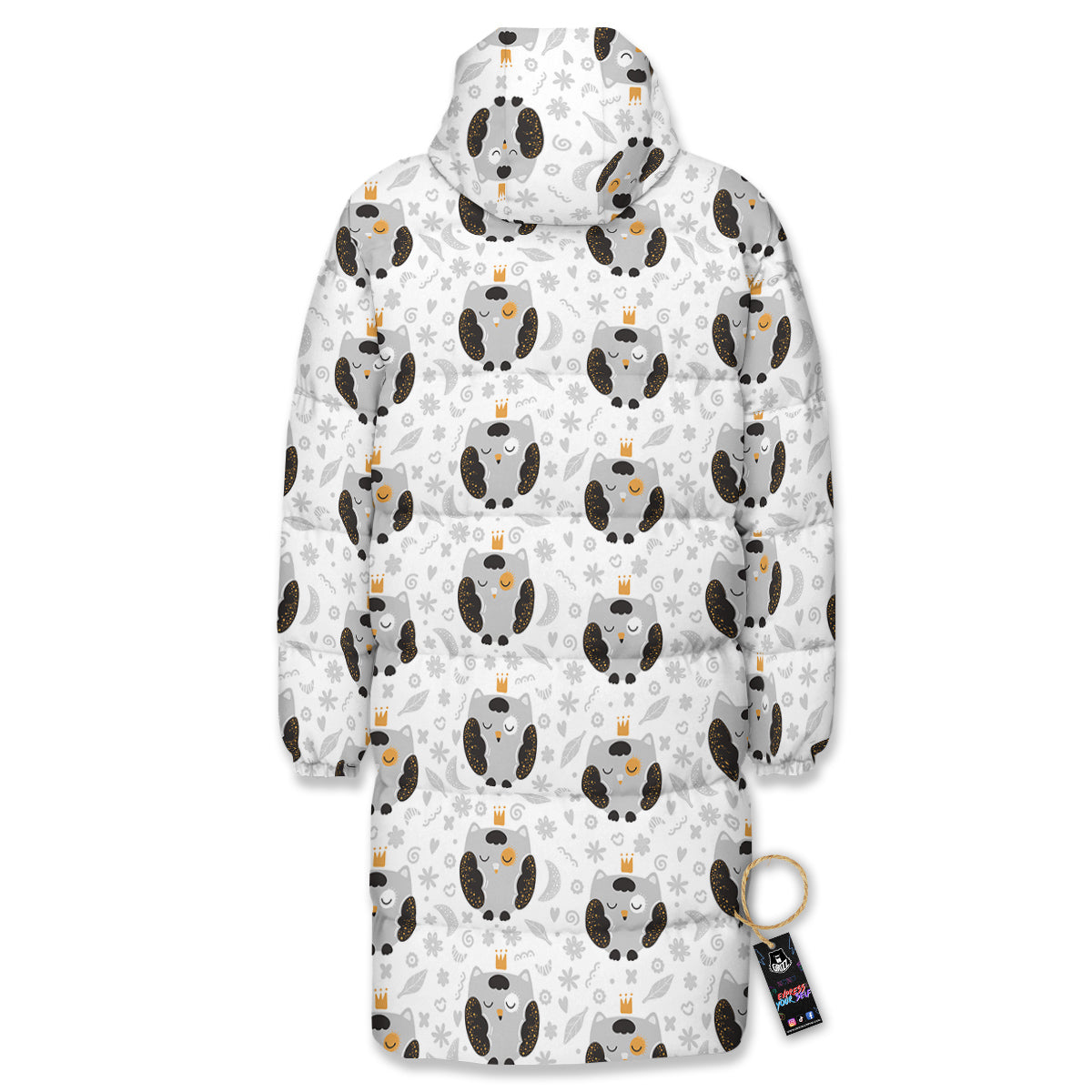 Cute White Grey Owl Print Pattern Long Down Jacket-grizzshop