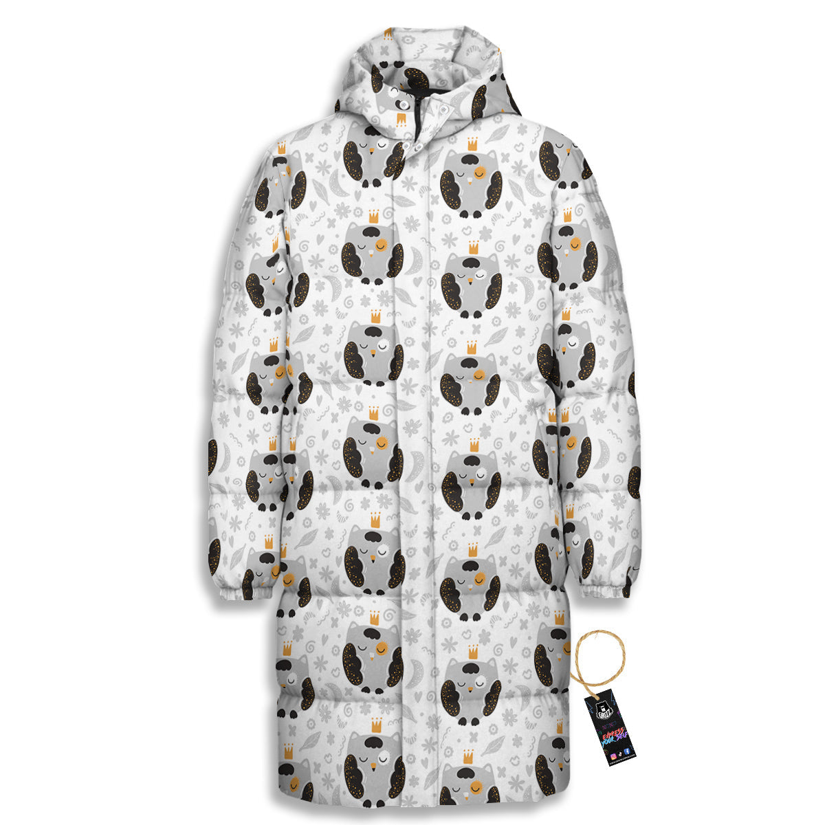 Cute White Grey Owl Print Pattern Long Down Jacket-grizzshop