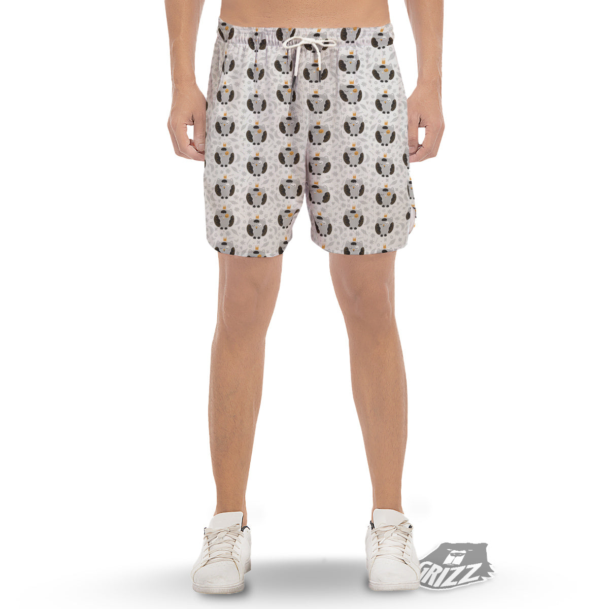 Cute White Grey Owl Print Pattern Men's Gym Shorts-grizzshop