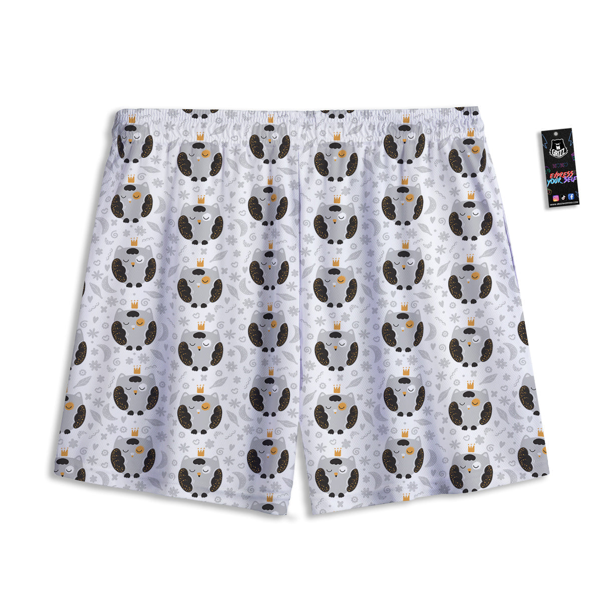 Cute White Grey Owl Print Pattern Mesh Shorts