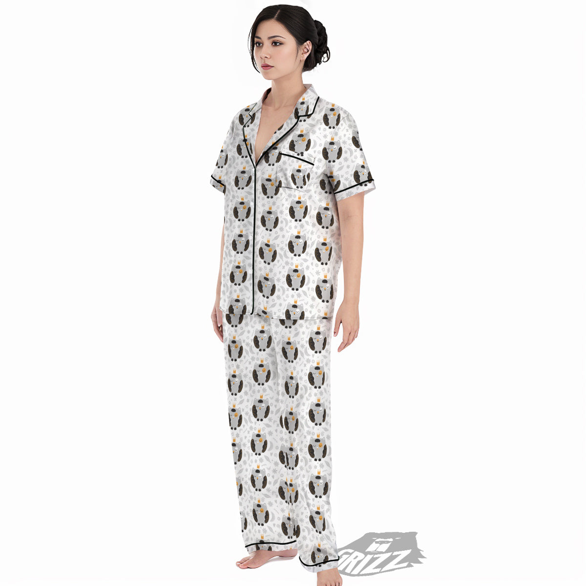 Cute White Grey Owl Print Pattern Women's Pajamas Set-grizzshop