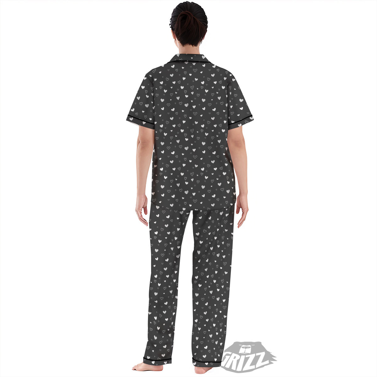 Cute White Heart And Black Print Pattern Women's Pajamas Set-grizzshop