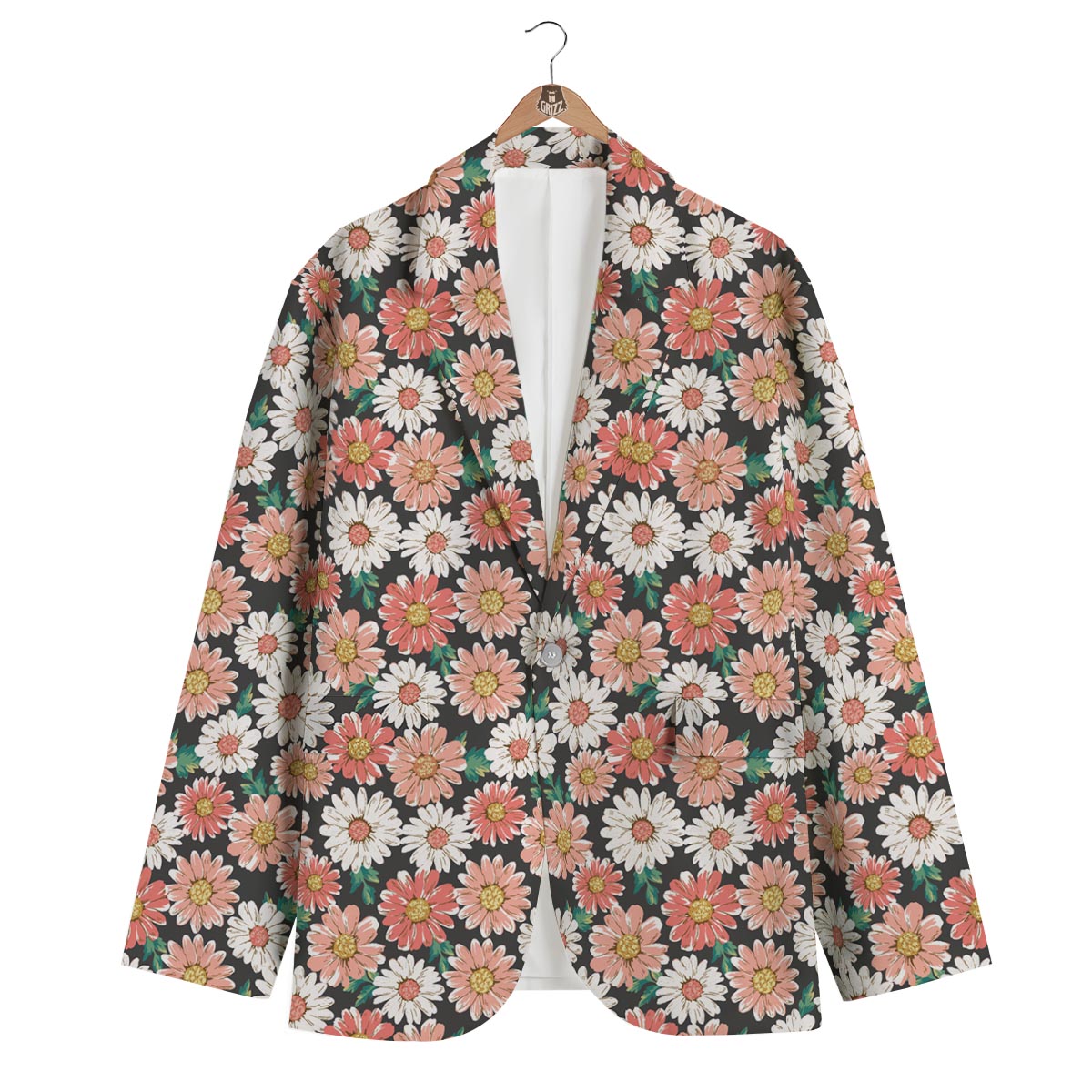 Cute White Pink Daisy Pattern Print Men's Blazer-grizzshop