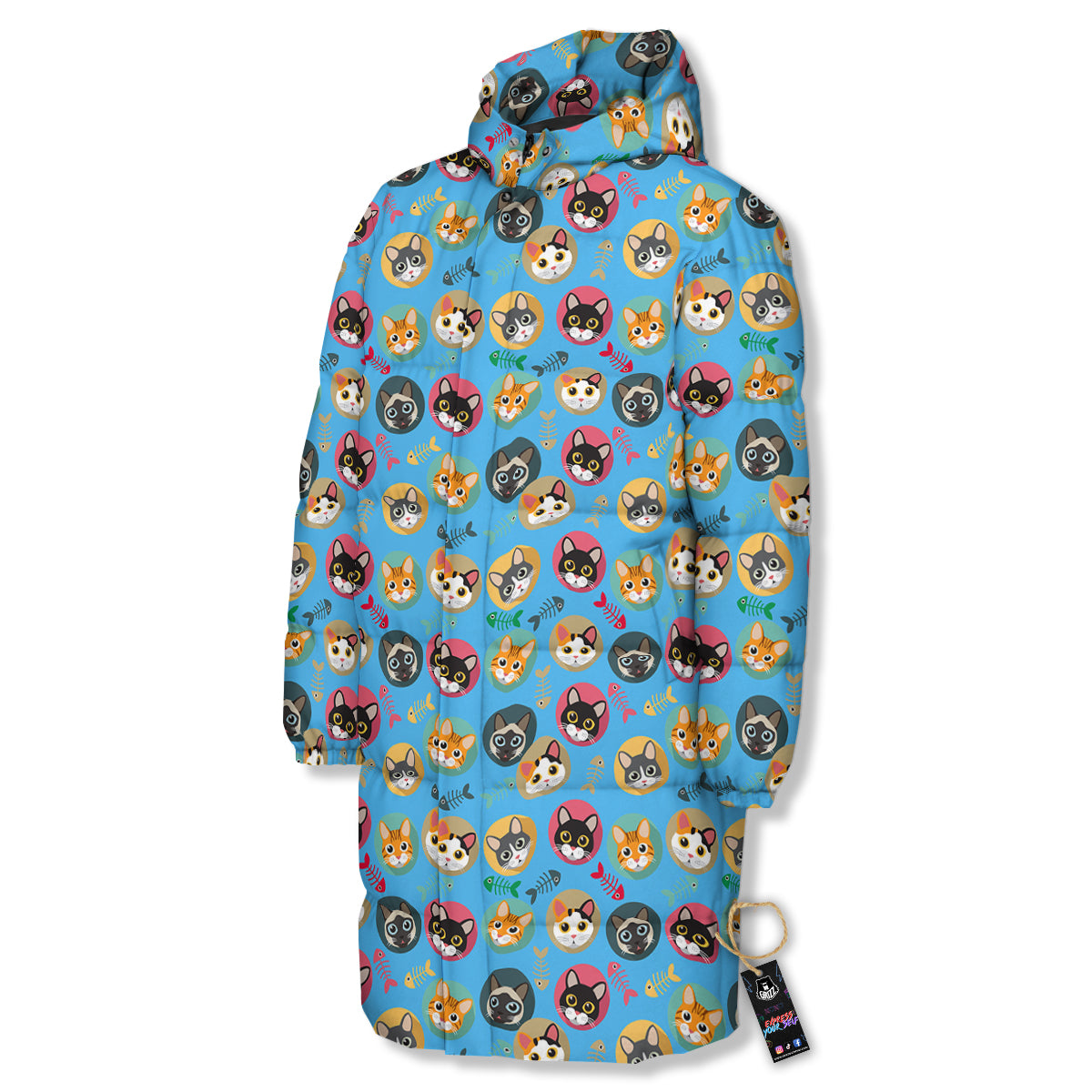 Cute Cats And Fishbone Colorful Print Pattern Long Down Jacket