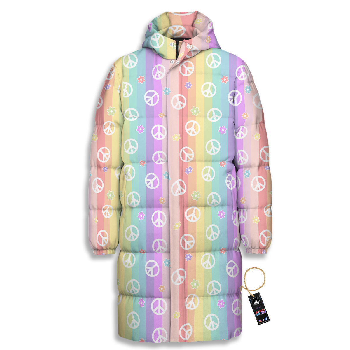 Cute Peace Symbol And Daisy Print Pattern Long Down Jacket
