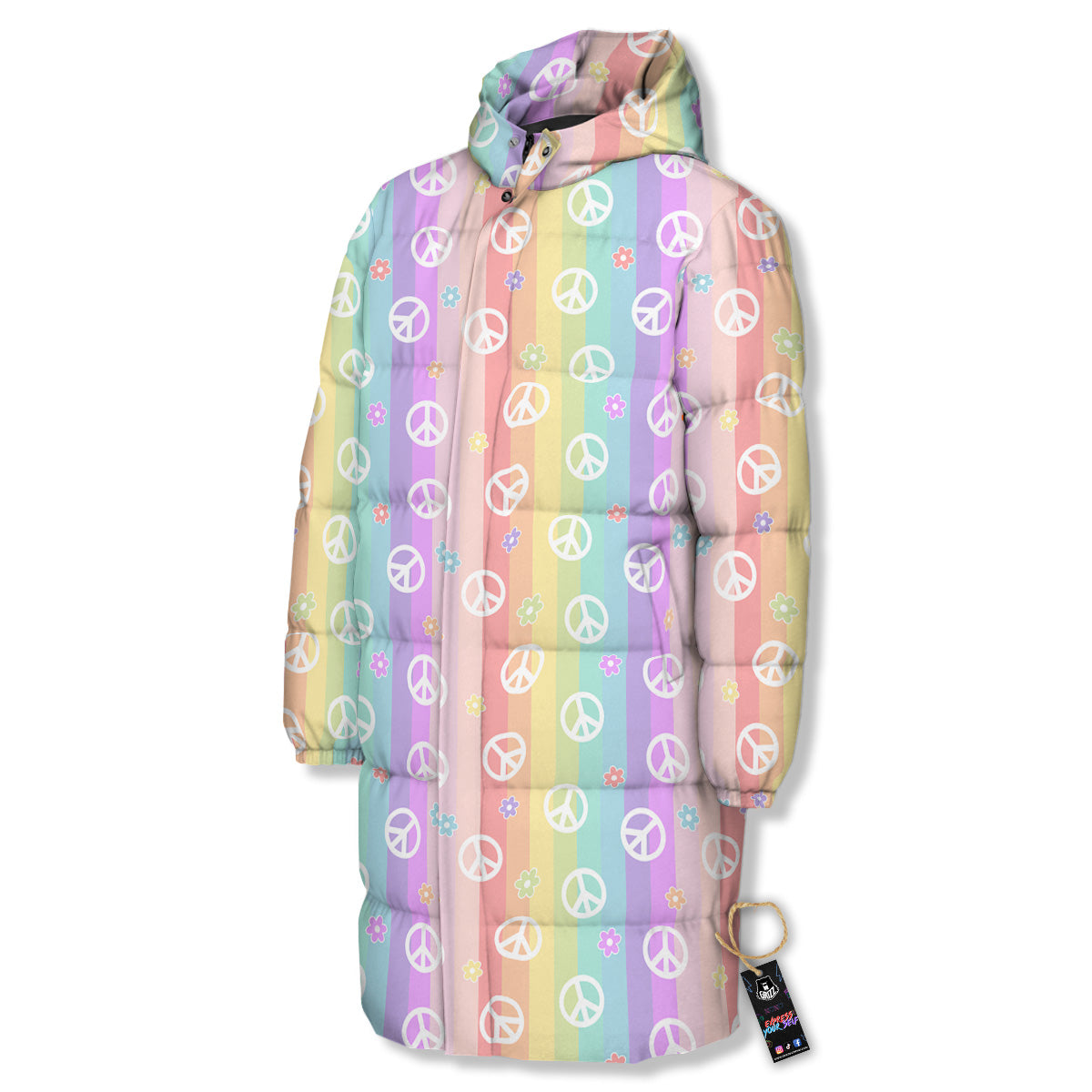 Cute Peace Symbol And Daisy Print Pattern Long Down Jacket