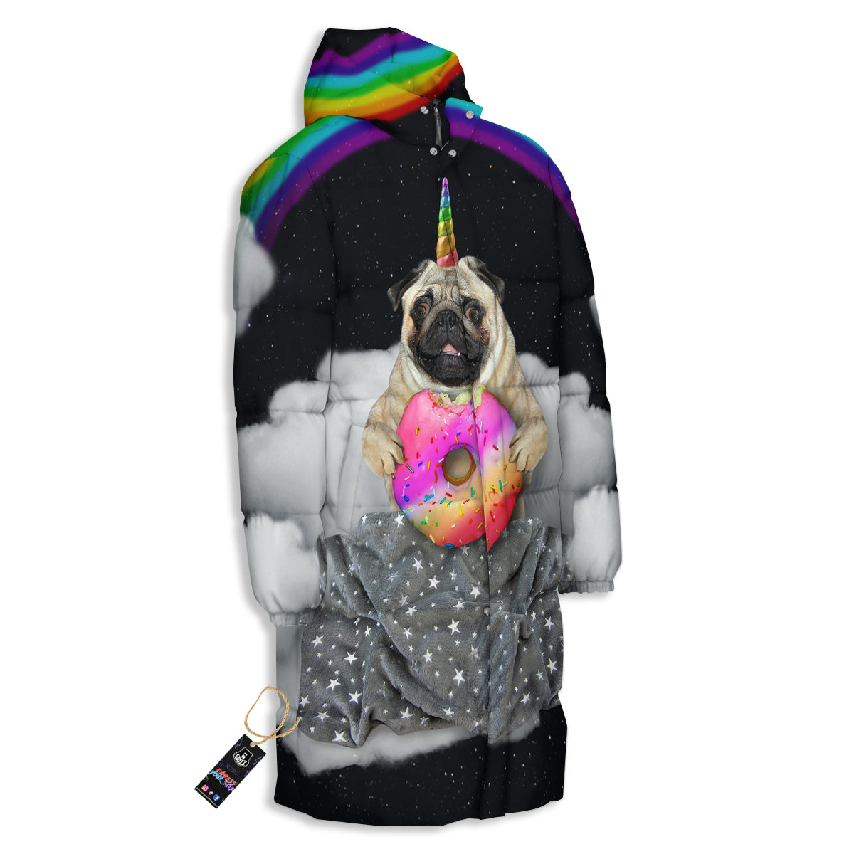 Cute Pug Unicorn Print Long Down Jacket