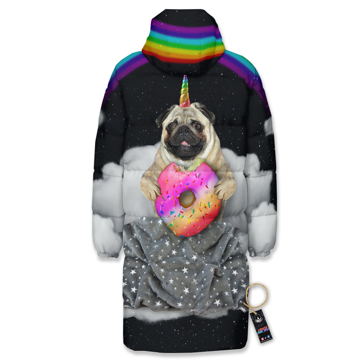 Cute Pug Unicorn Print Long Down Jacket