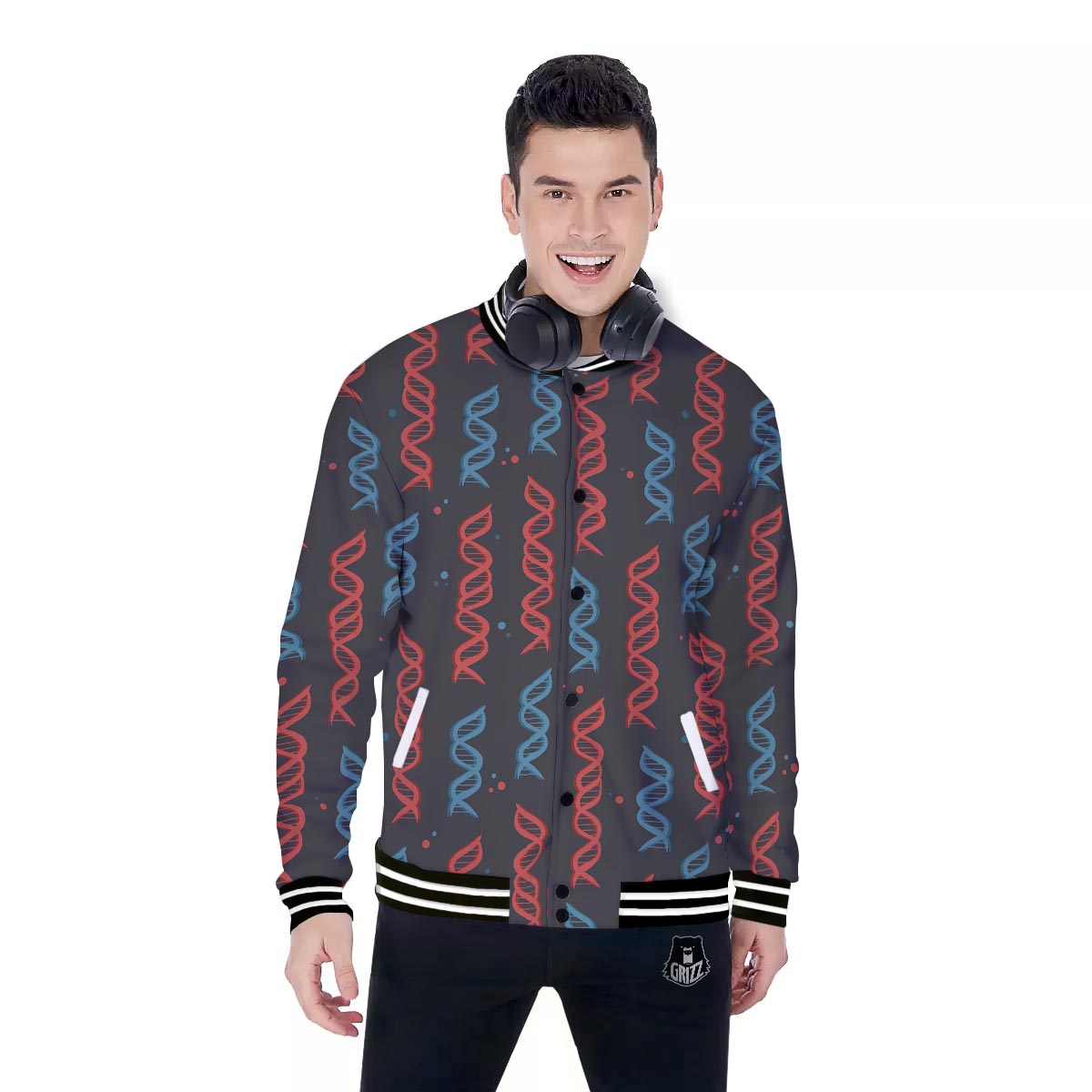 DNA Blue And Red Print Pattern Baseball Jacket-grizzshop