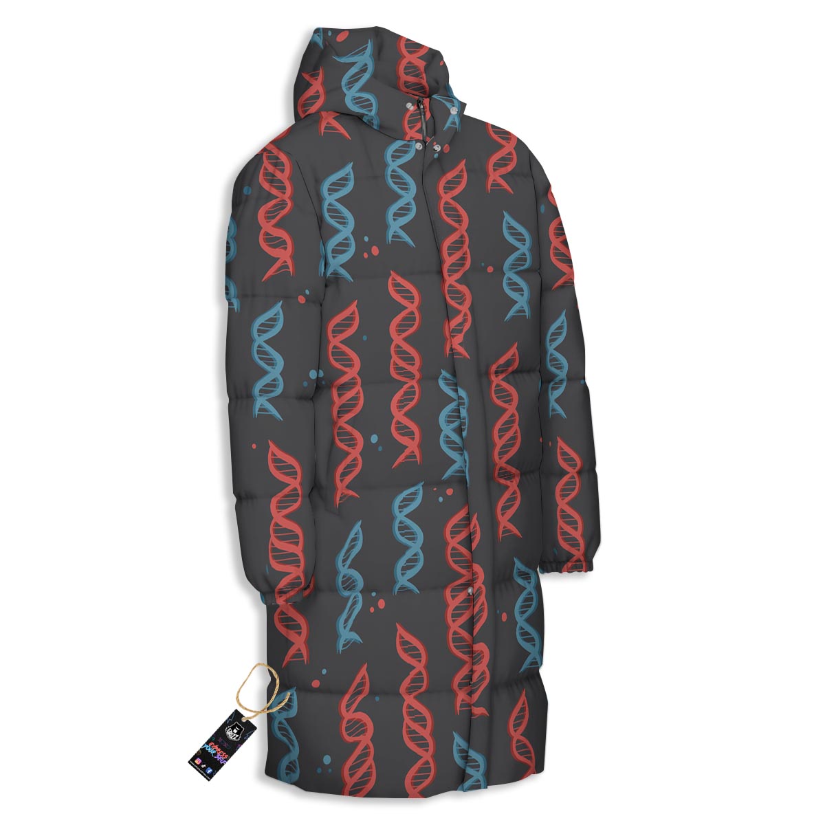 DNA Blue And Red Print Pattern Long Down Jacket-grizzshop