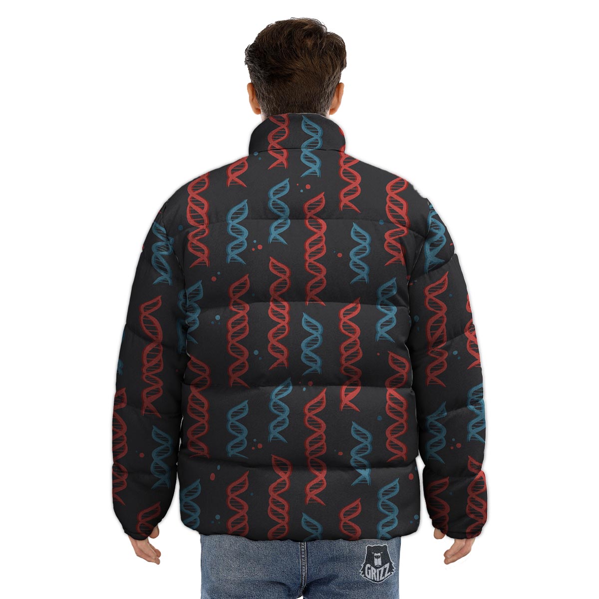 DNA Blue And Red Print Pattern Puffer Jacket-grizzshop