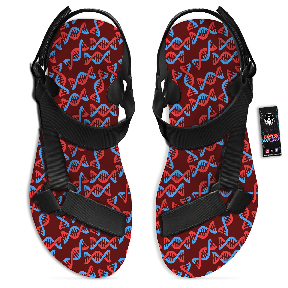 DNA Helix Print Pattern Black Open Toe Sandals-grizzshop