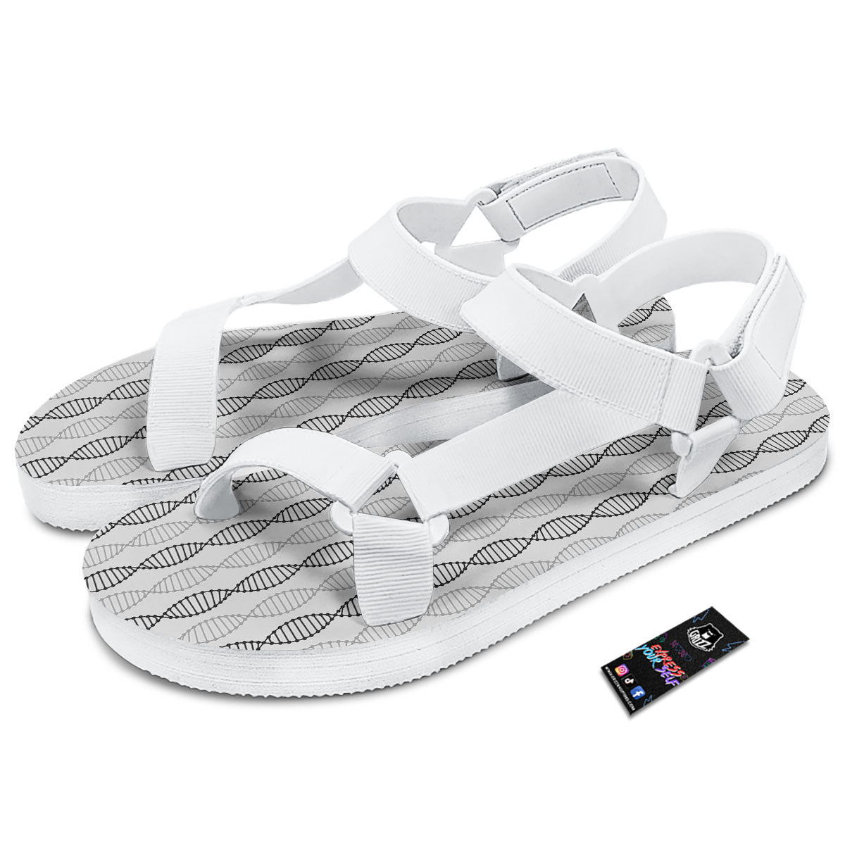 DNA Strands Print Pattern White Open Toe Sandals-grizzshop
