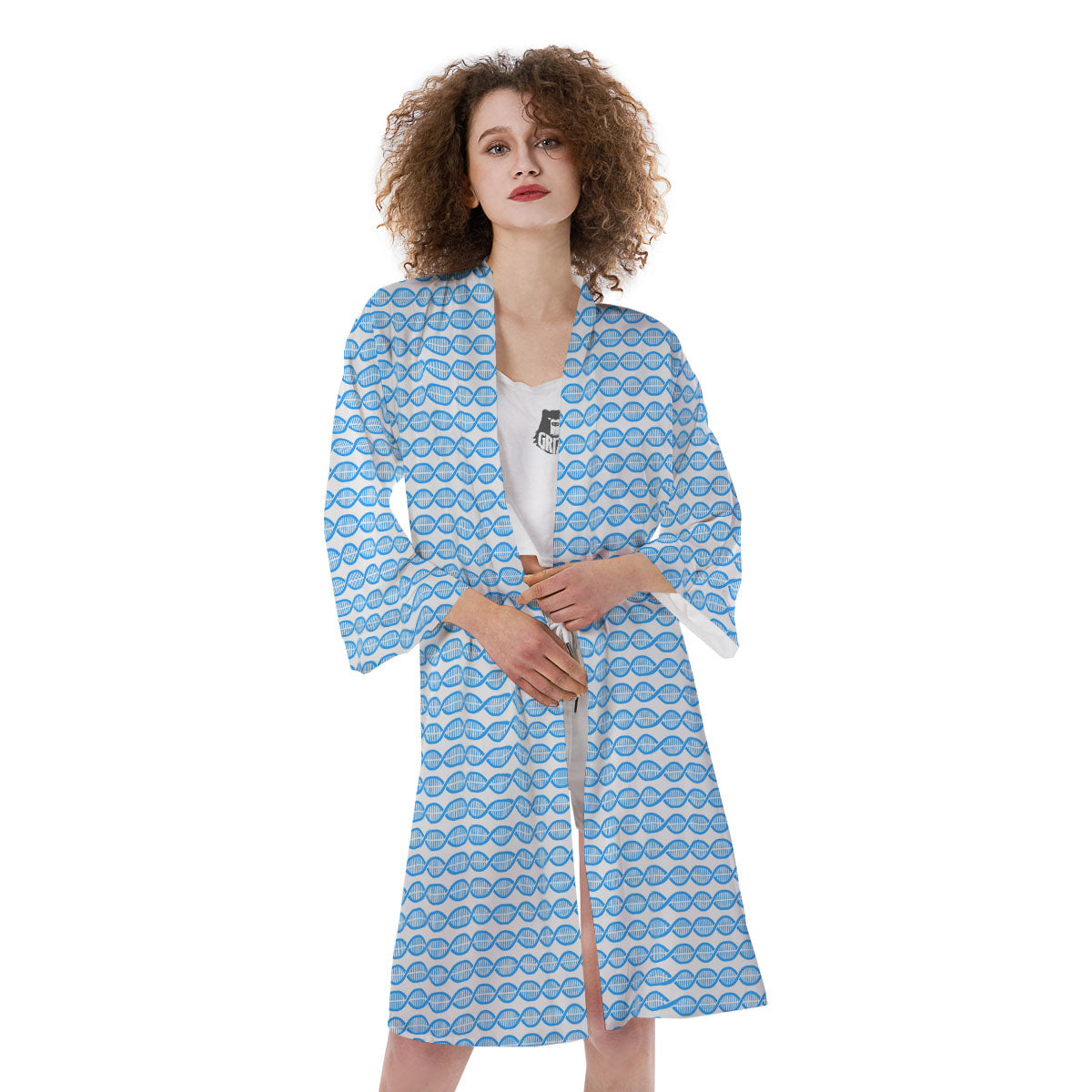 DNA White And Blue Print Pattern Kimono-grizzshop