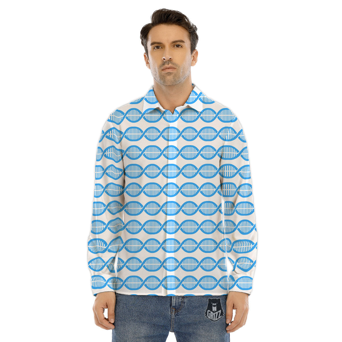 DNA White And Blue Print Pattern Men's Dress Shirts-grizzshop