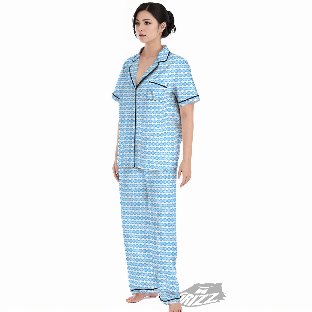 DNA White And Blue Print Pattern Women's Pajamas Set-grizzshop