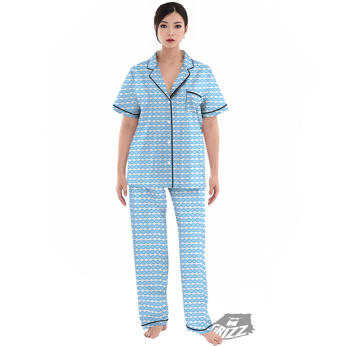 DNA White And Blue Print Pattern Women's Pajamas Set-grizzshop