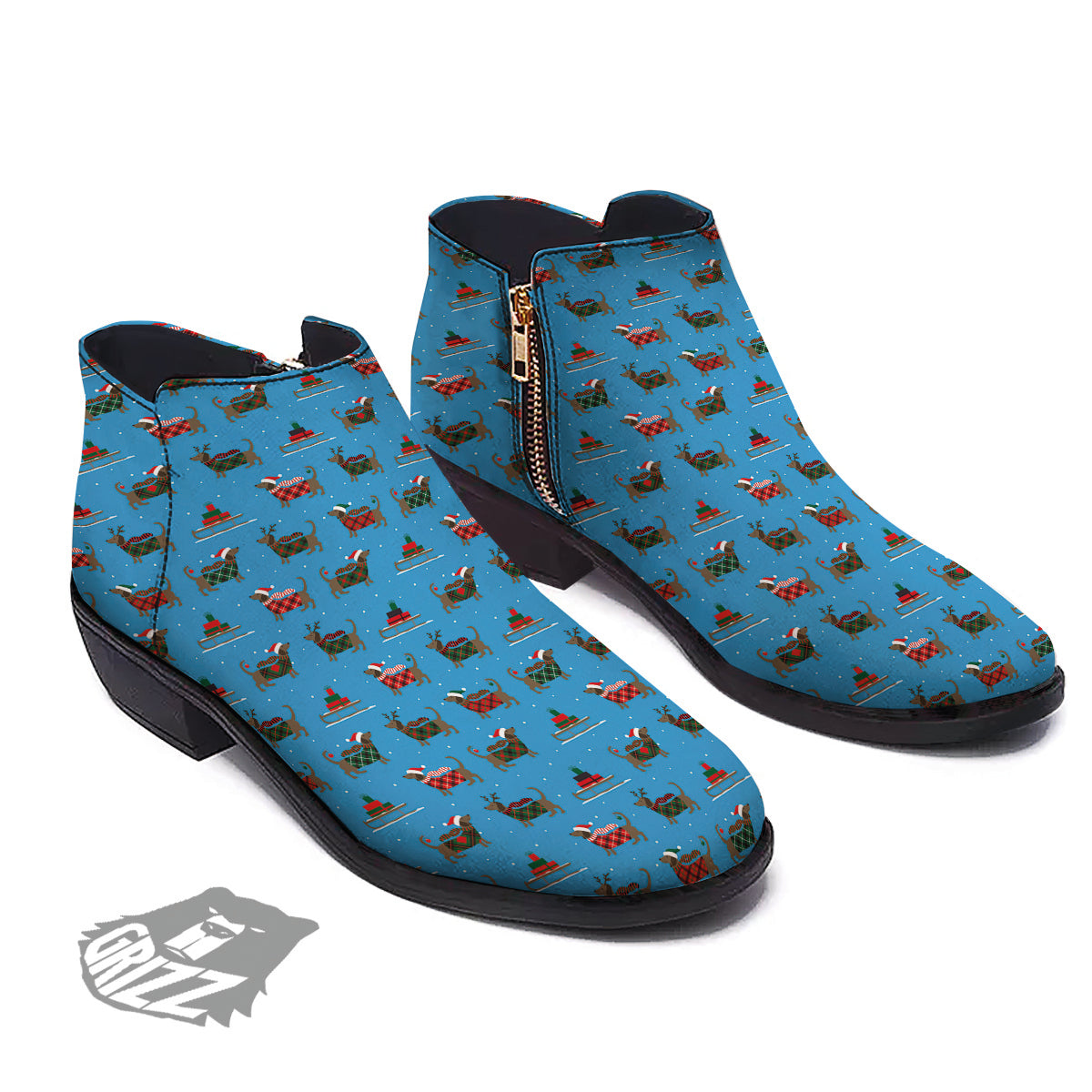 Dachshund Christmas Santa Print Ankle Boots-grizzshop