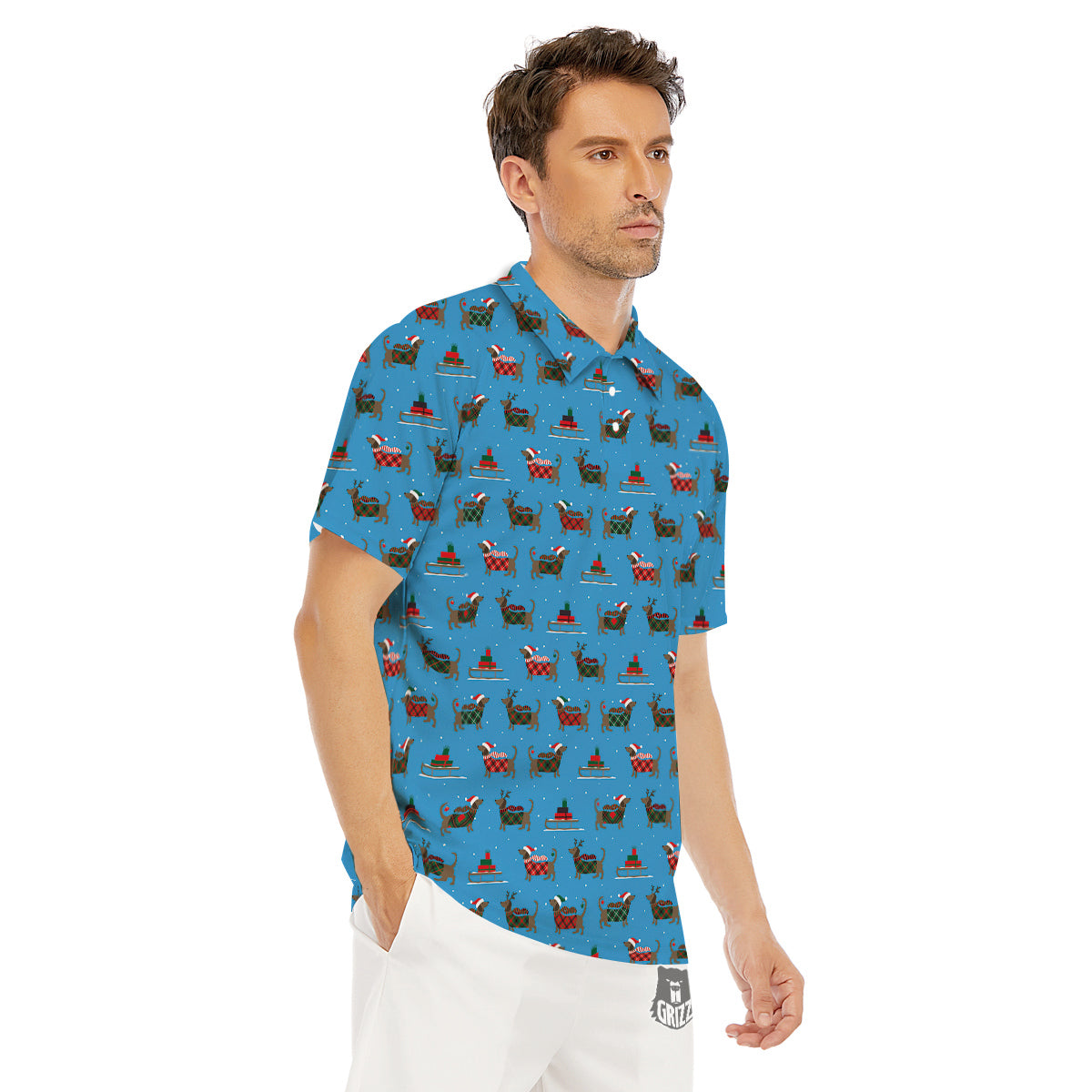 Dachshund Christmas Santa Print Men's Golf Shirts-grizzshop