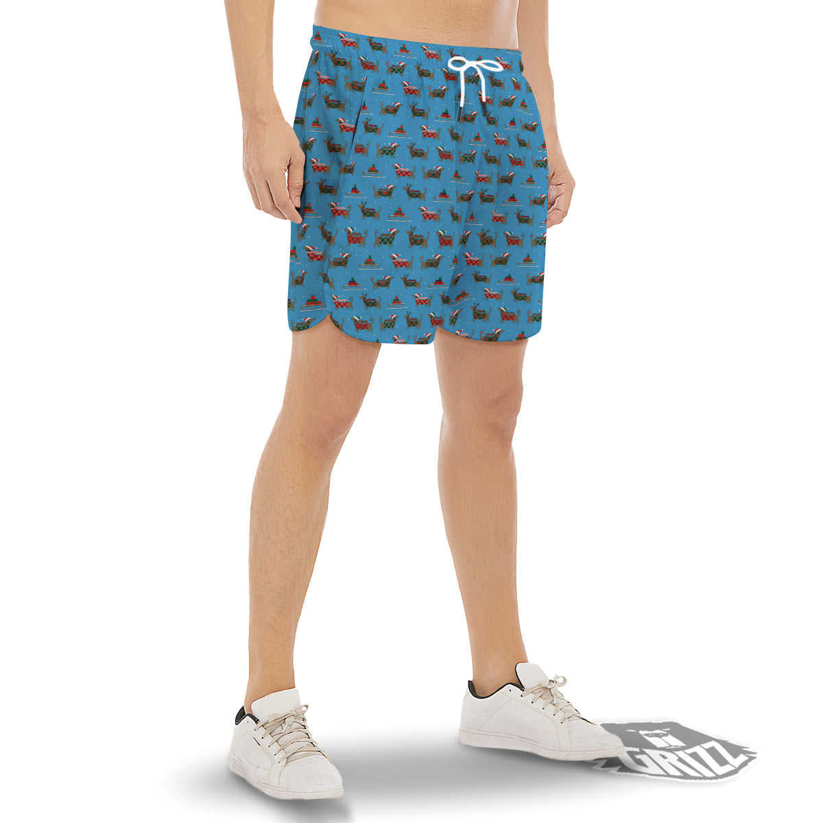 Dachshund Christmas Santa Print Men's Gym Shorts-grizzshop