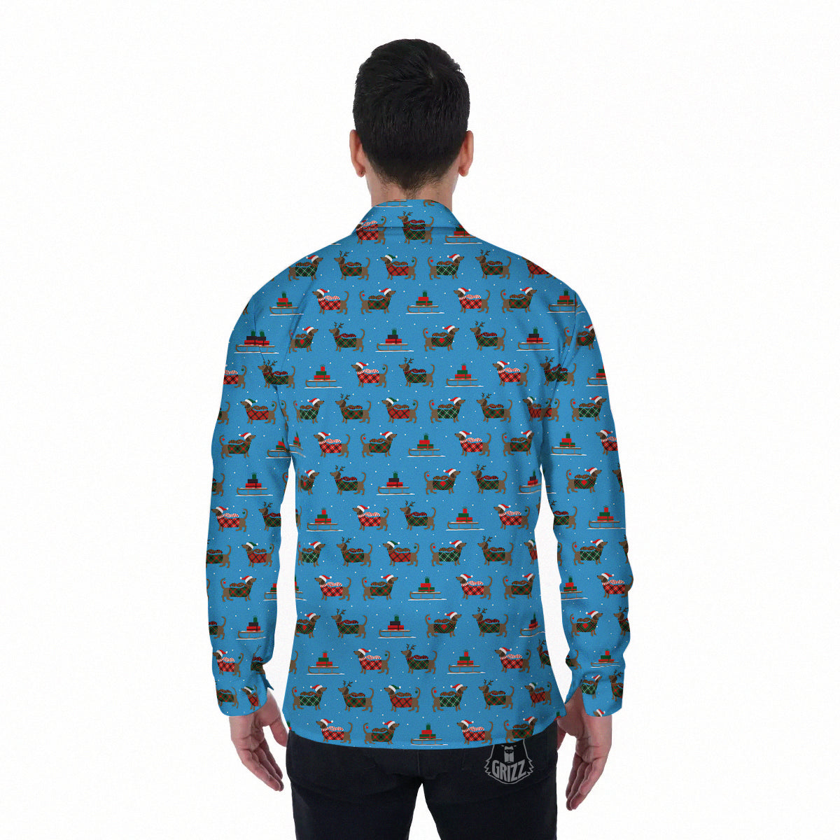 Dachshund Christmas Santa Print Men's Long Sleeve Shirts-grizzshop