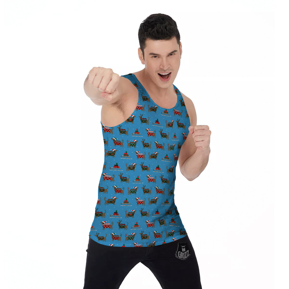 Dachshund Christmas Santa Print Men's Tank Top-grizzshop