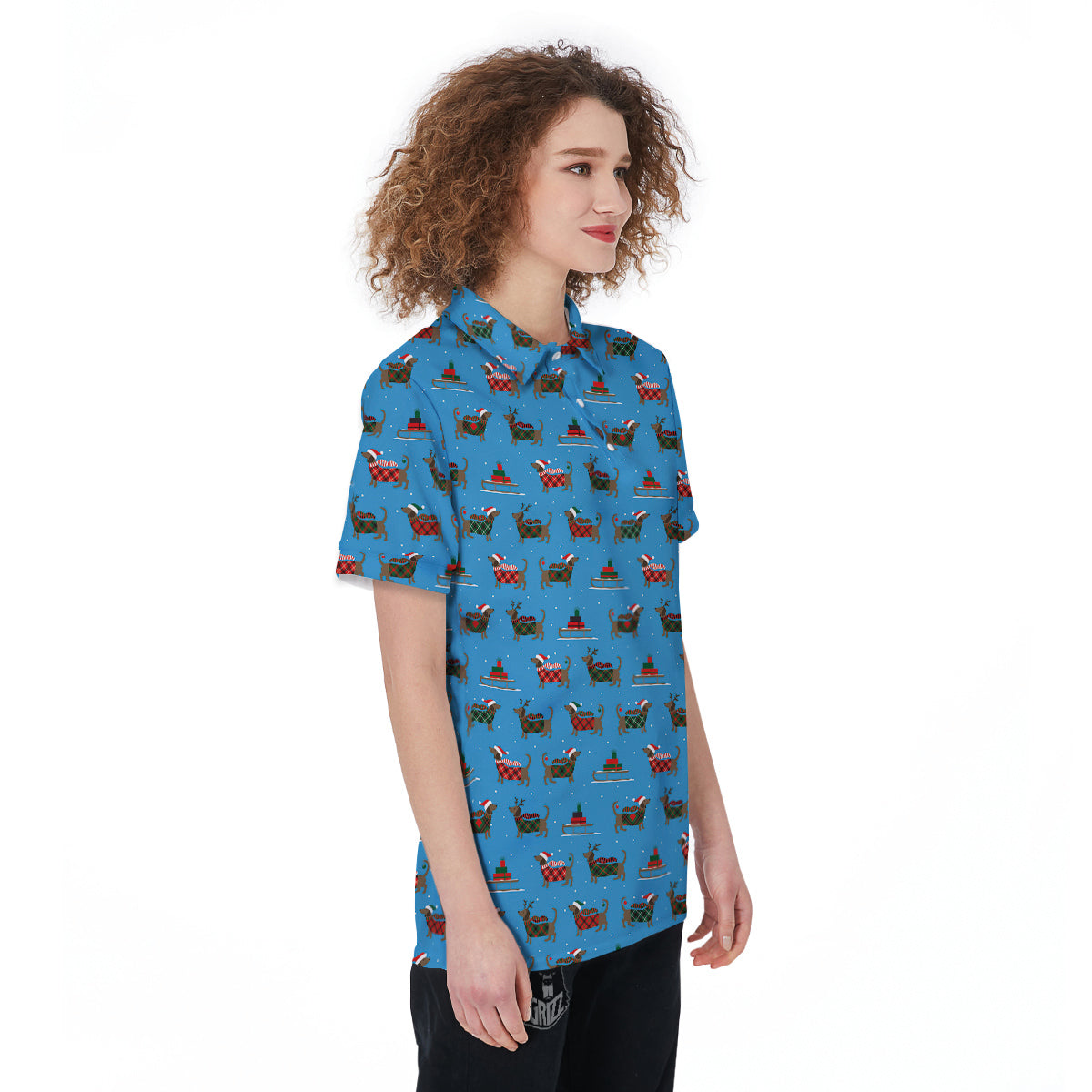 Dachshund Christmas Santa Print Women's Golf Shirts-grizzshop