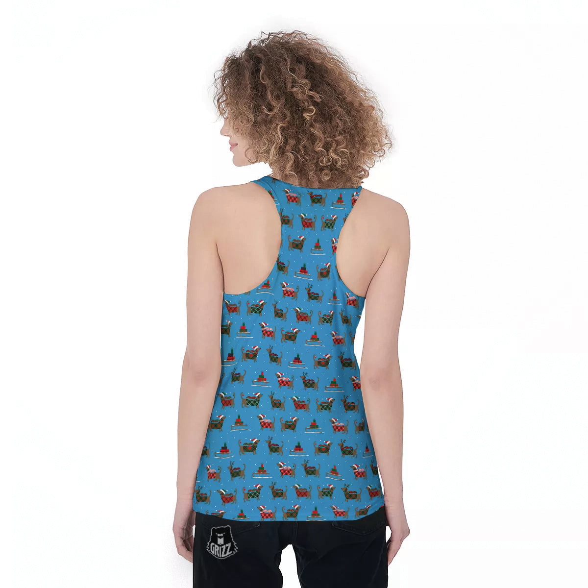 Dachshund Christmas Santa Print Women's Racerback Tank Top-grizzshop