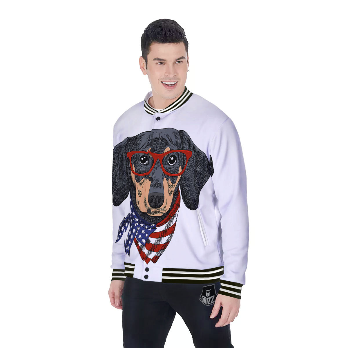 Dachshund Wearing Red Sunglasses Print Baseball Jacket-grizzshop