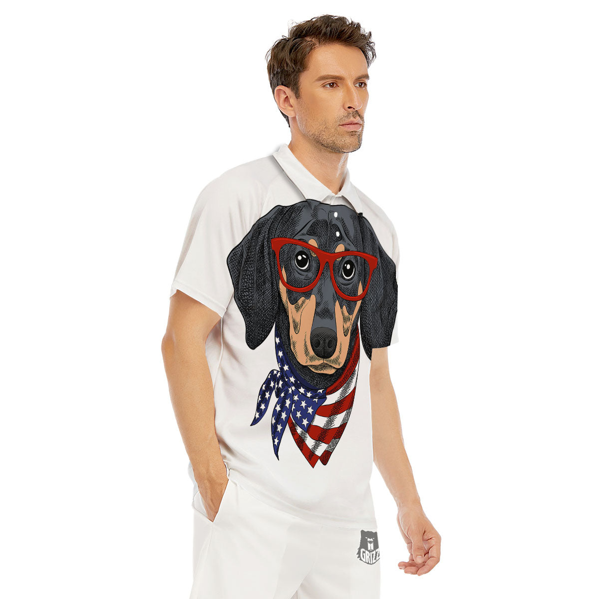 Dachshund Wearing Red Sunglasses Print Men's Golf Shirts-grizzshop