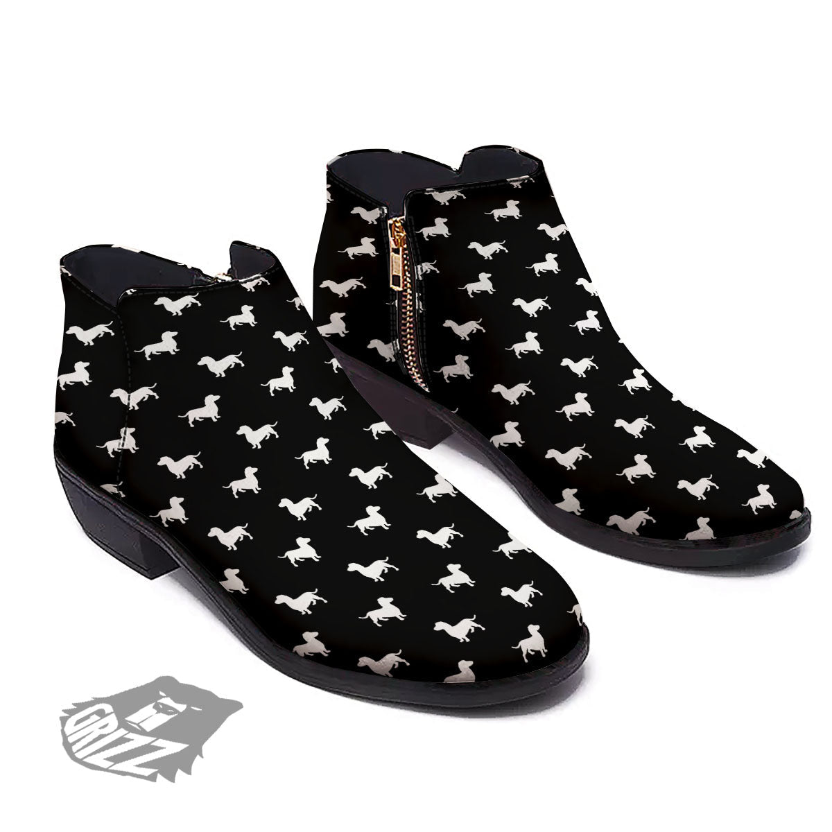 Dachshund White And Black Print Pattern Ankle Boots-grizzshop