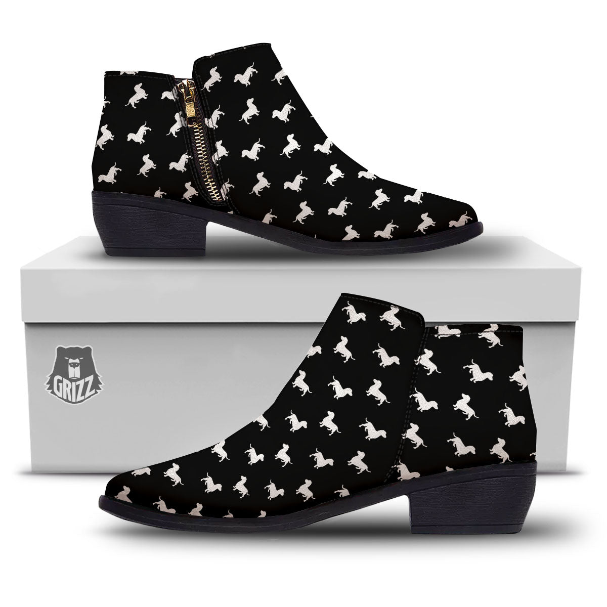 Dachshund White And Black Print Pattern Ankle Boots-grizzshop