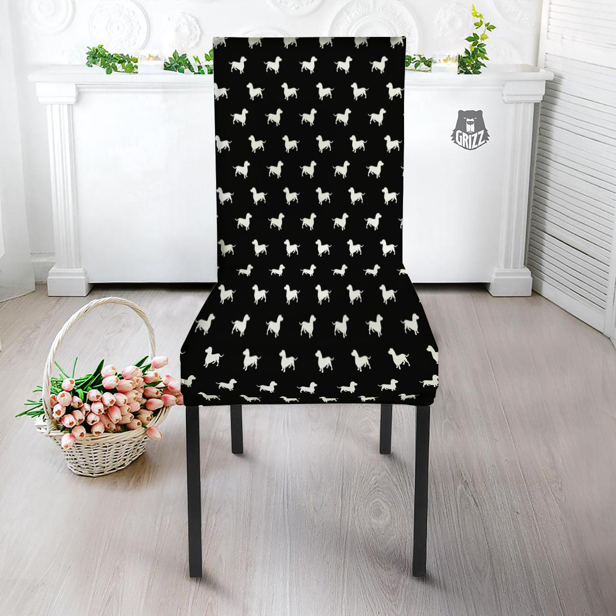 Dachshund White And Black Print Pattern Dining Chair Slipcover-grizzshop